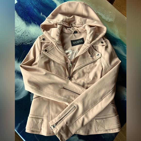 SALE! BUY or BUNDLE! Guess NWOT Blush Faux Leather Jacket zip out hood&liner SzM - Picture 1 of 16